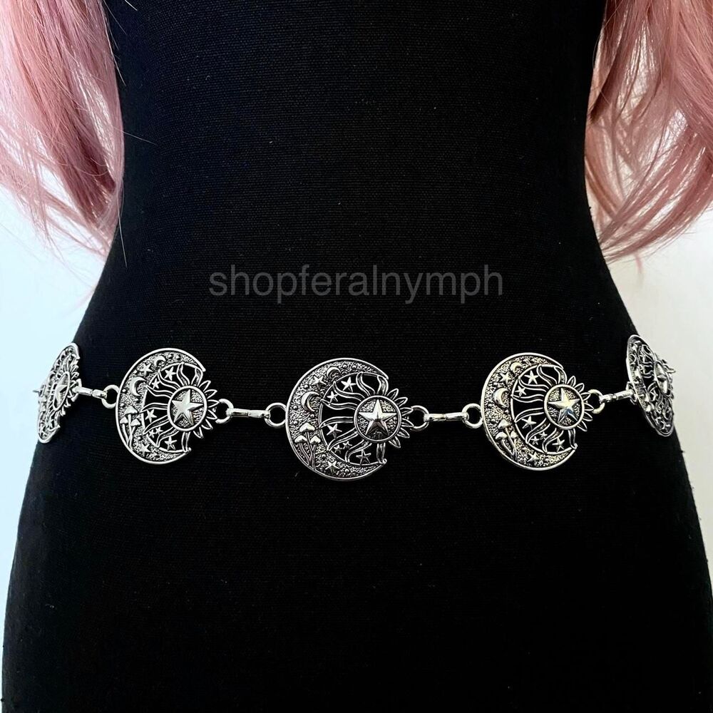 Silver Y2K Celestial Sun Moon Star Chain Belt, Fits 14-44 Inches, X7GA1499